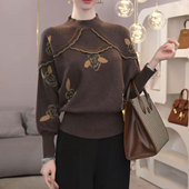 提花长袖 新款 针织衫 毛衣女装 上衣 时尚 洋气减龄宽松显瘦百搭款 冬季