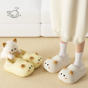 可爱猫咪棉拖鞋女秋冬季厚底包跟保暖防滑外穿家居鞋室内毛绒拖鞋