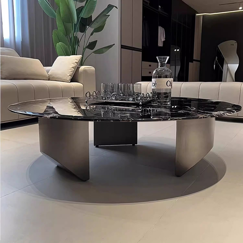 多芬奇黑玫瑰天然大理石茶几圆形轻奢悬浮岩板大小户型茶几长方形