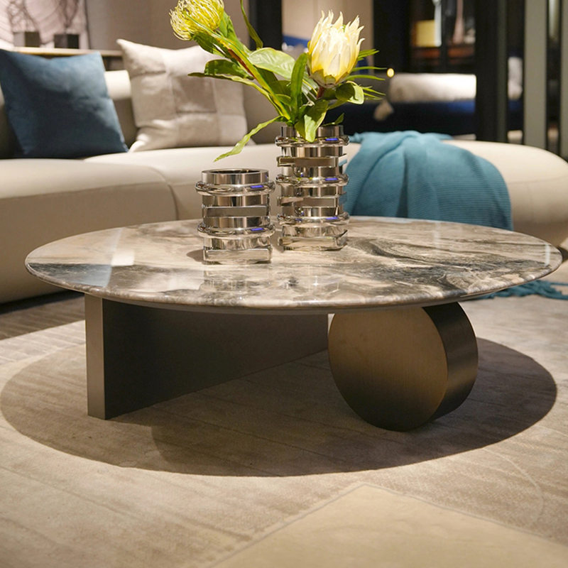 威尼斯棕天然大理石奢石茶几圆形现代简约轻奢高端设计师茶几