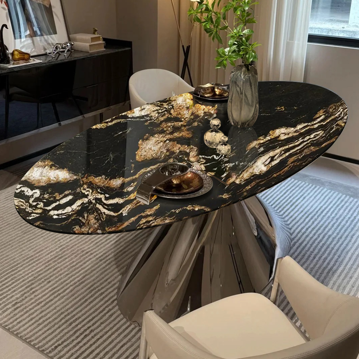 天然宇宙金奢石餐桌椭圆形餐桌椅