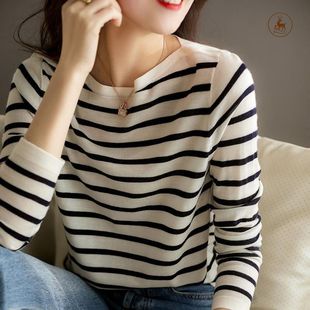 新韩版 一字领大码 针织衫 女微宽松长袖 百搭条纹棉质内搭上衣 打底衫
