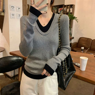 修身 新款 显瘦收腰遮肚上衣潮 女秋冬季 韩系百搭假两件设计感针织衫