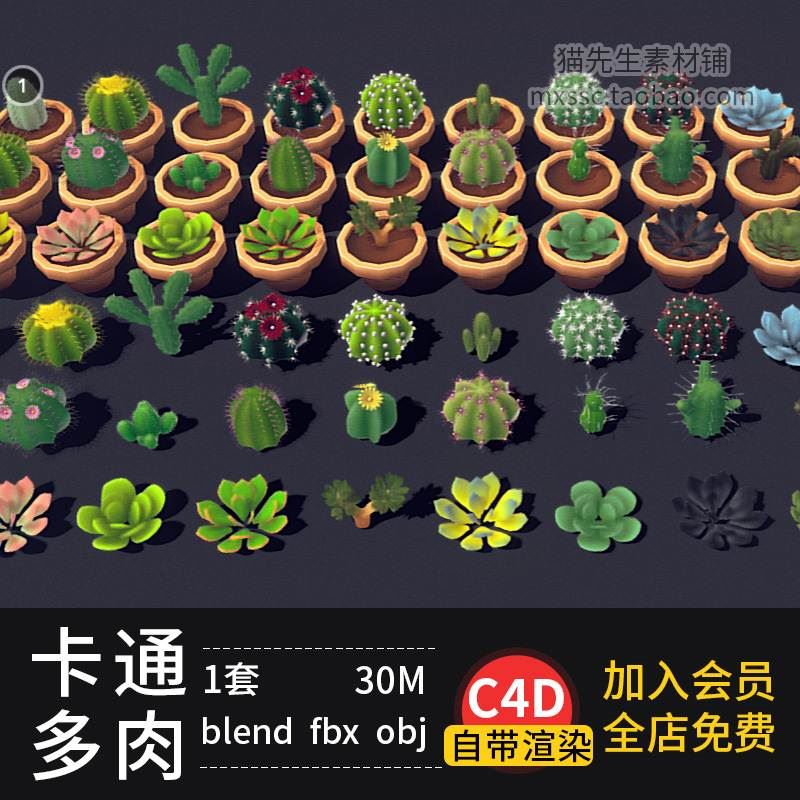 C4D卡通低模多肉植物blender仙人掌3D盆栽摆件 fbx obj模型素材