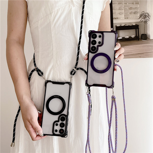 A52S A55 可旋转磁吸支架手机壳适用三星S25ultra四角开孔斜跨S24FE挂绳S23 透明A36软边硬壳A33保护套A12