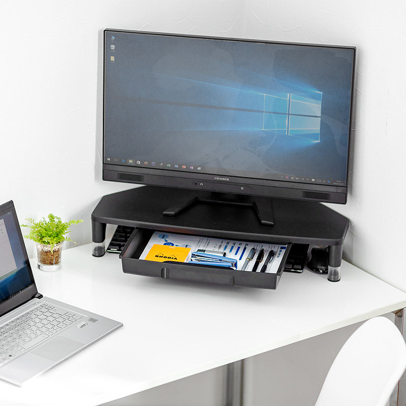 日本SANWA山业转角桌桌上架显示器垫高架收纳架键盘收纳桌面整理支架黑色90&deg;转角附带抽屉