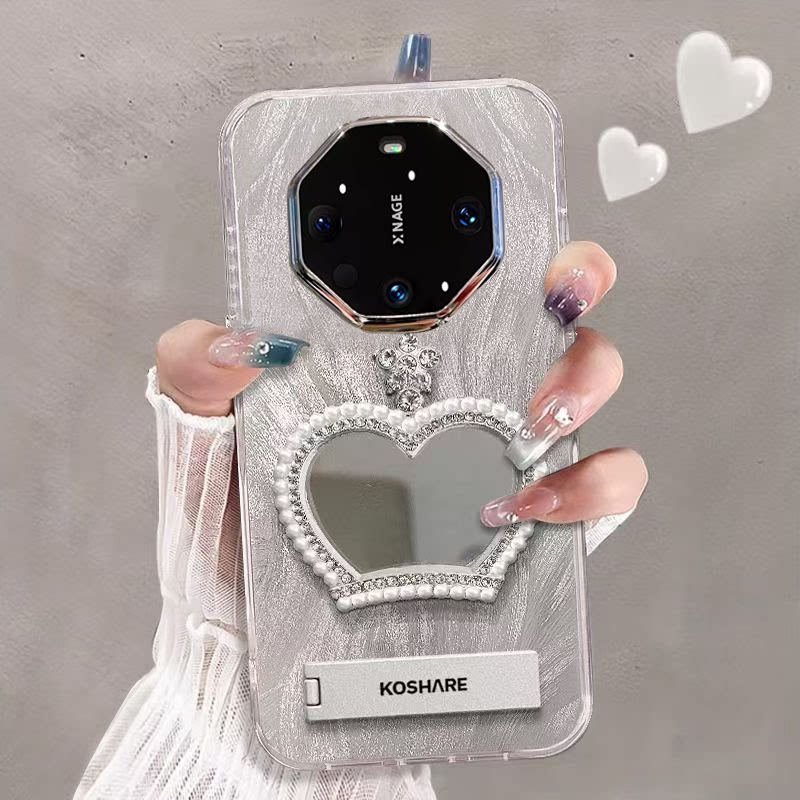 适用于华为mate60rs非凡大师手机壳高级感新款网红女款皇冠镜子羽纱支架珍珠手链条70rs镜头全包气囊防摔潮牌