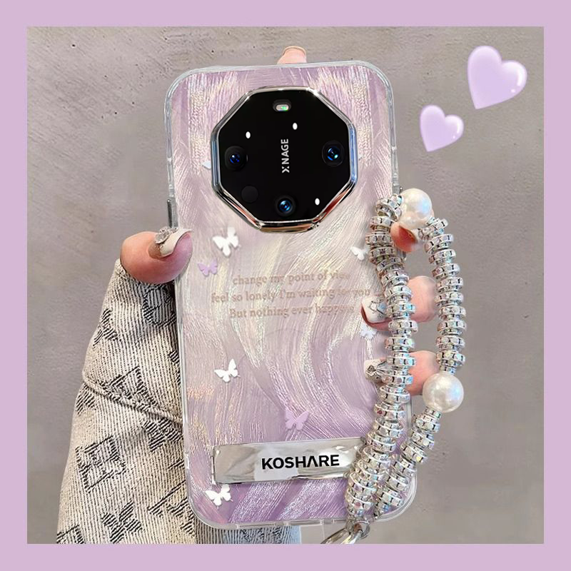 适用华为mate60rs非凡大师手机壳女款网红渐变羽纱蝴蝶珍珠链条挂绳支架镜头全包70rs保护套硅胶创意潮牌新款