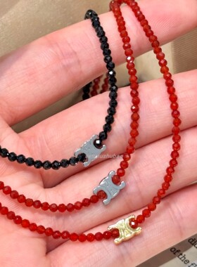 法式复古小众多巴胺S925纯银凯旋门玛瑙黑尖晶串珠项链锁骨链高级