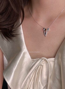 虎眼石黑玛瑙蝴蝶结项链耳钉套装