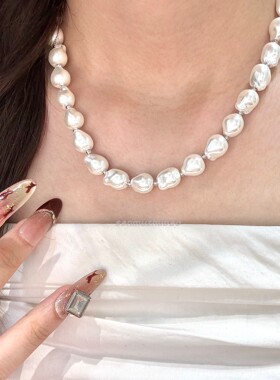 925纯银法式度假风沙滩风巴洛克不规则珍珠间隔银珠项链气质Chic