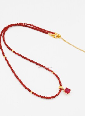 新中式复古轻奢高级感925银天然红玛瑙方钻红刚玉项链锁骨链小众