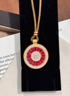 新中式高级感925银小红书爆款满钻莲花罗盘棕绳项链女镂空可旋转