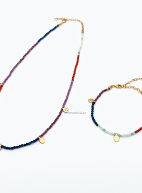 欧美夏日彩色多巴胺项链天然花瓣宝石彩虹S925纯银镀金锁骨链项链