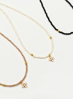 法国小众By johan 黑色尖晶石太阳石珍珠锆石十字架串珠项链choke