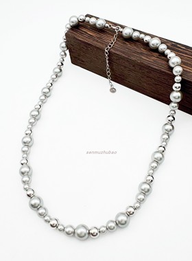 法式光珠渐变灰珠珍珠项链