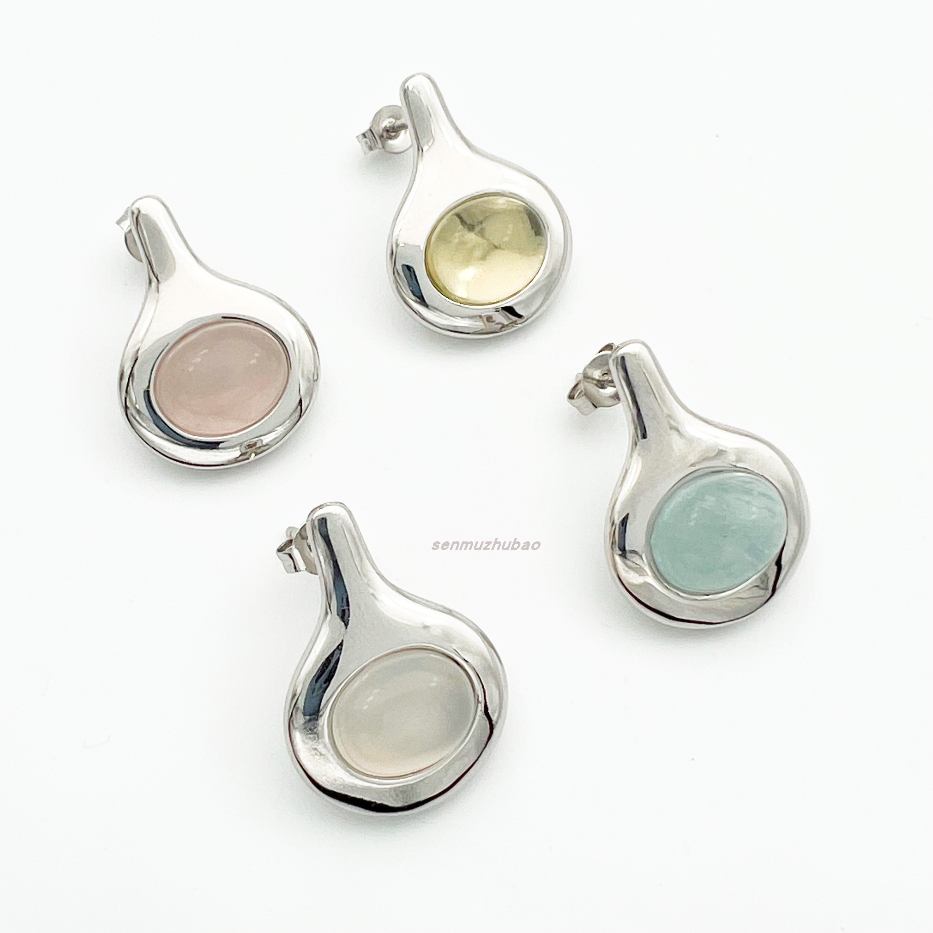 四色宝石水晶AB款耳钉简约不对称