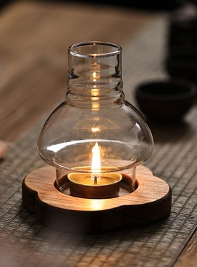复古实木防风玻璃灯罩烛台摆件