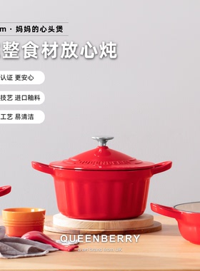 Queenberry库白深炖锅铸铁珐琅锅家用双耳汤锅多功能锅焖炖煮22cm