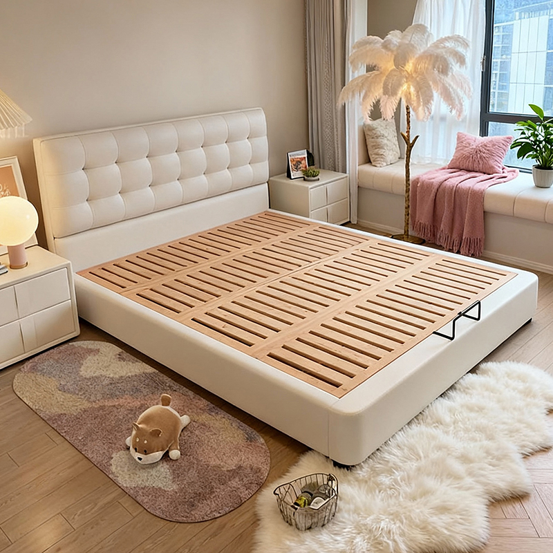 奶油风华夫格真皮床储物双人婚床