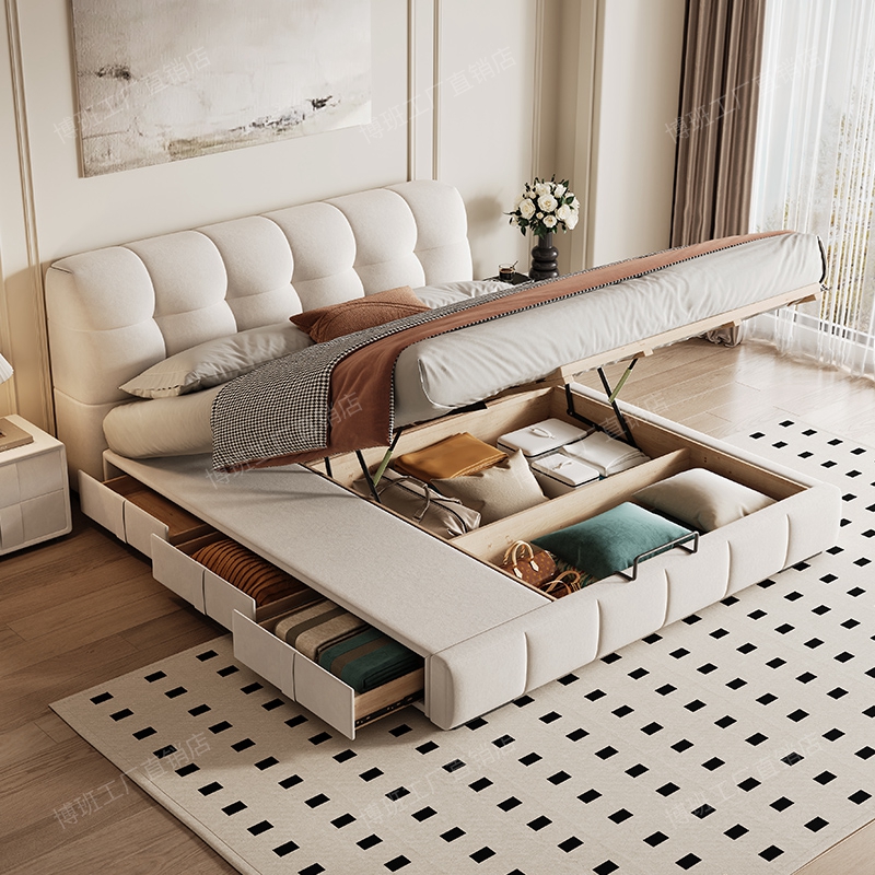 政府补贴奶油风泡芙布艺床主卧室现代简约家用储物双人床意式婚床