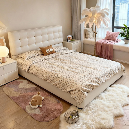 奶油风华夫格真皮床主双人储物床