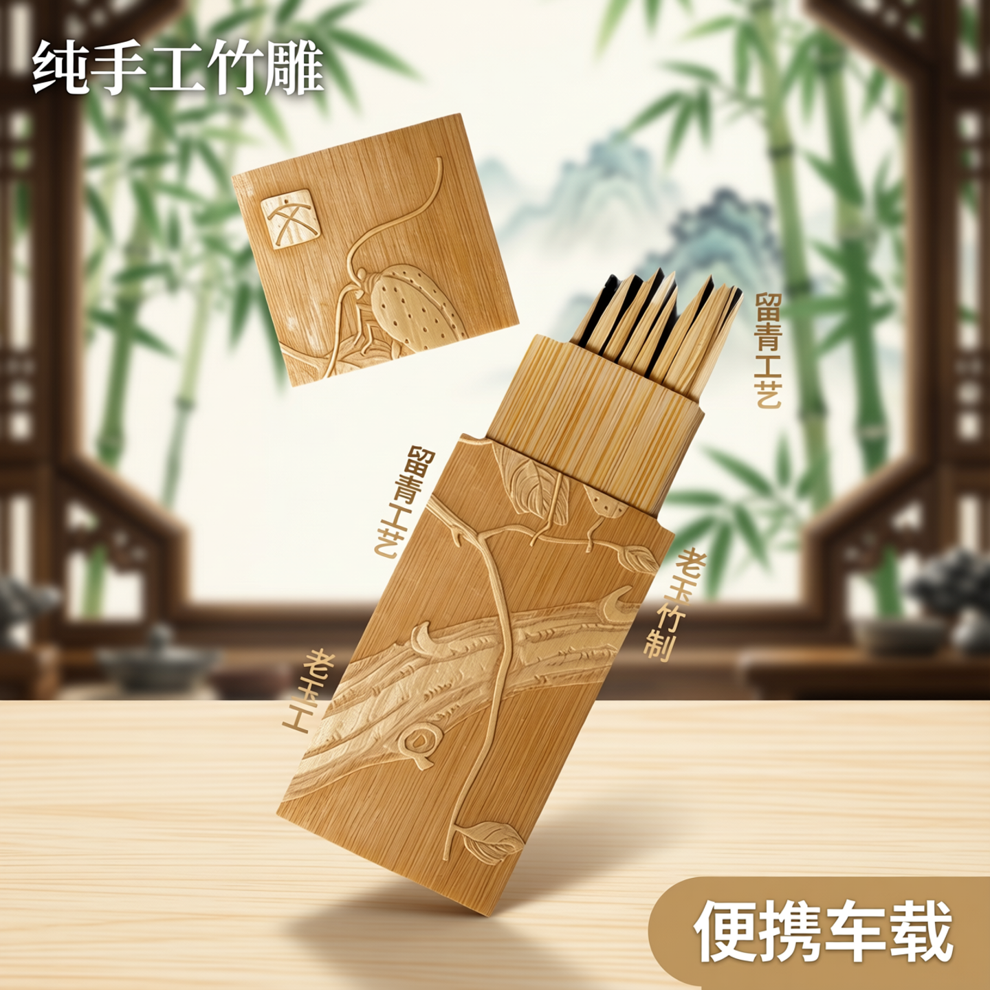 精品留青雕刻玉竹牙签盒纯手工竹雕山水老玉竹制便携式车载牙签筒