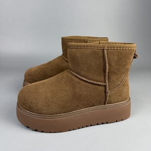 真皮俄罗斯单冬季女套筒一脚蹬厚底增高雪地靴羊毛混纺抗寒大棉靴