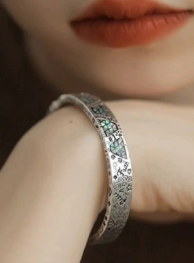 925银复古新中式彩贝几何涂鸦开口手镯子图腾珐琅做旧女小众设计