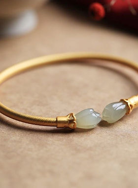 中国民族风手镯女古法金兰花开口弹簧复古镯手饰手链妈妈礼物饰品