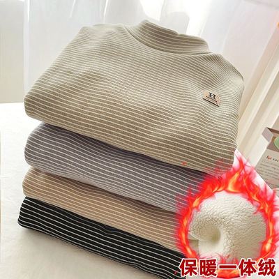 儿童秋冬新款德绒加绒加厚半高领条纹打底衫男宝女宝内搭保暖衣