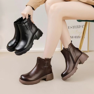 2025新款红珊瑚英伦风真皮短靴女厚底粗跟马丁靴百搭瘦加绒靴