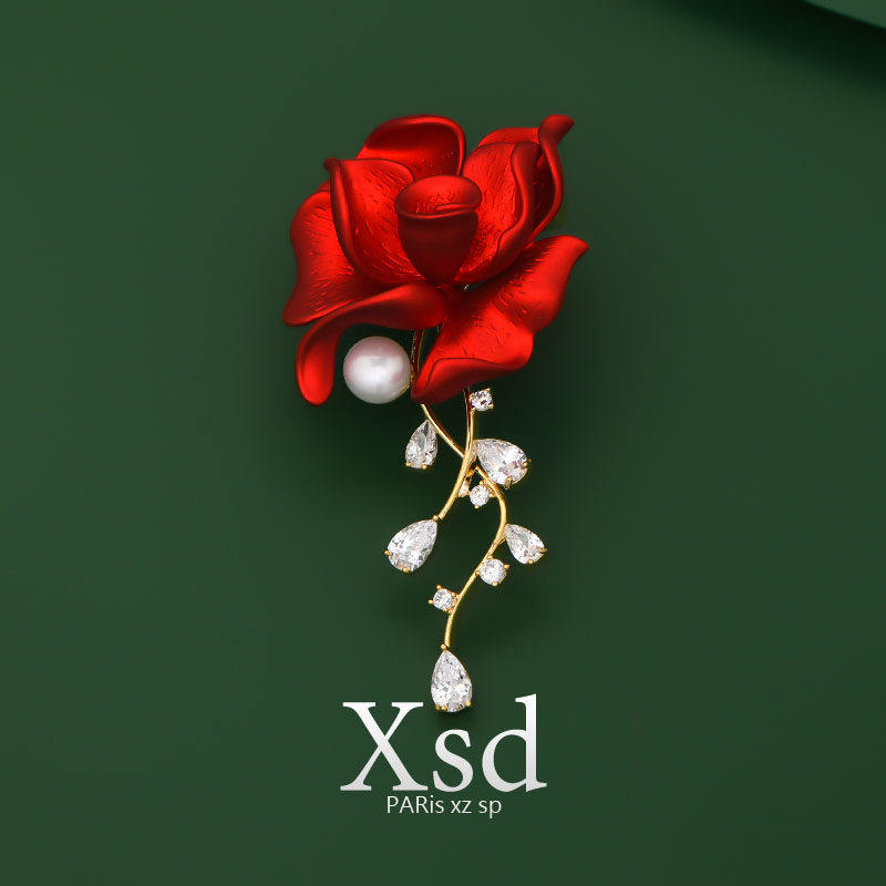 红色卷恋花胸针高档女天然淡水珍珠高级感胸花潮西装大衣优雅配饰
