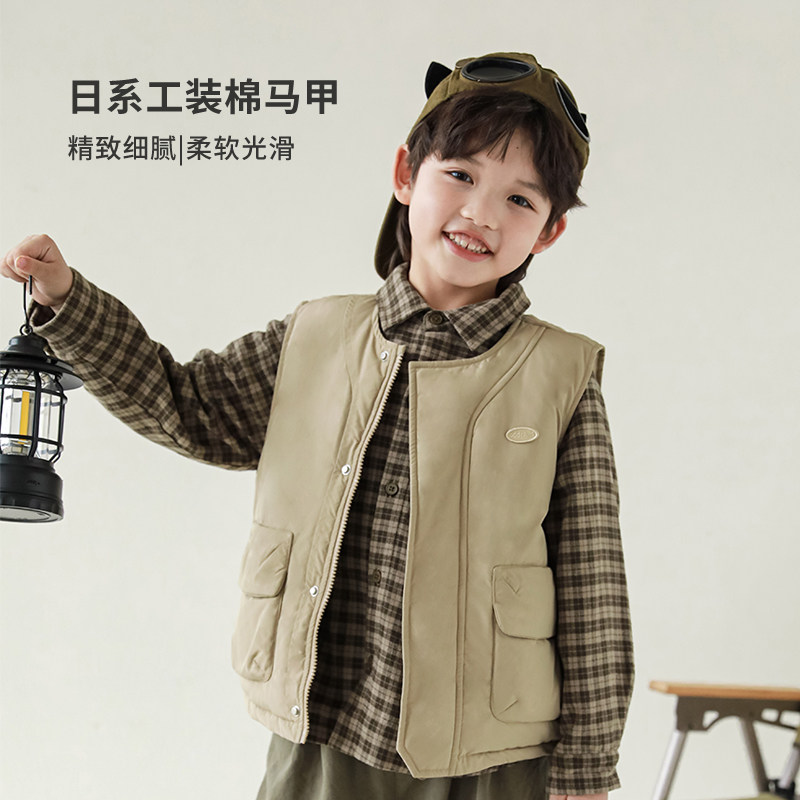 oddtails男童秋冬棉马甲新款日系工装感棉背心2025新款中大童上衣