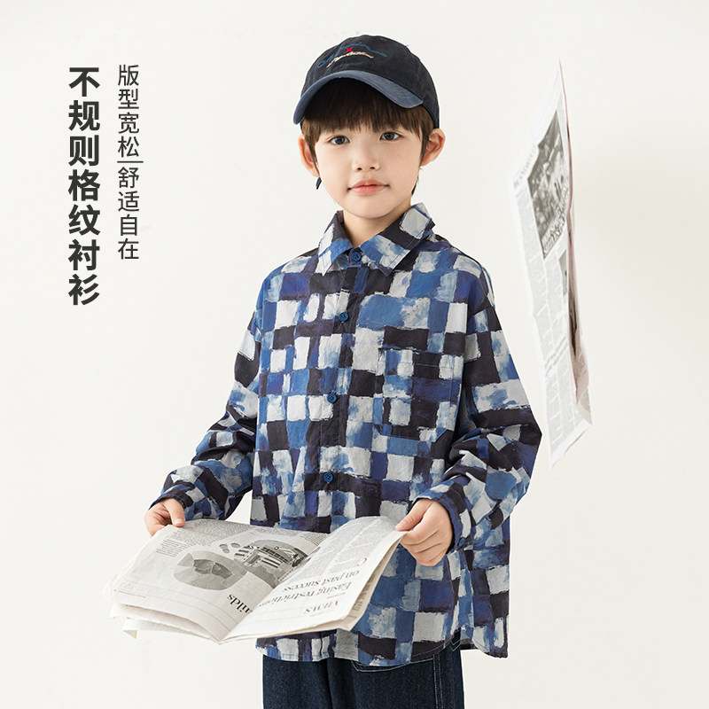 oddtails男童纯棉衬衫时尚春装2026新款中大童儿童蓝黑格休闲上衣图片