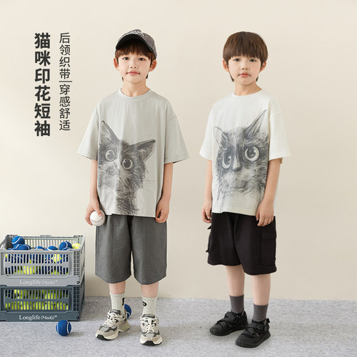 oddtails男童T恤短袖儿童休闲夏装2026新款男孩猫咪印花夏季上衣