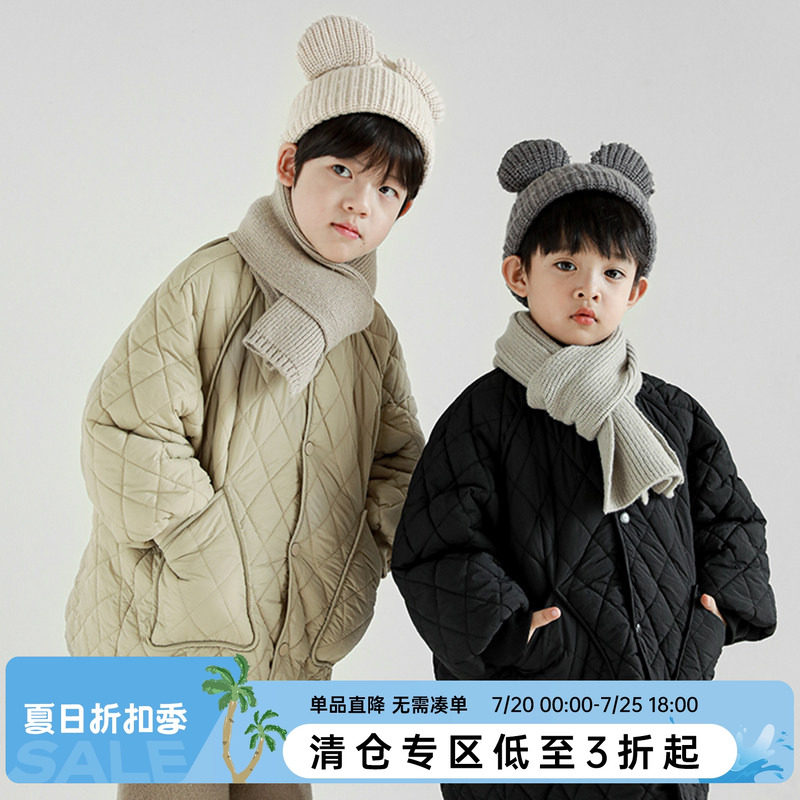 oddtails男童菱形格纹棉衣外套2026冬季中大童立领保暖棉袄中长款