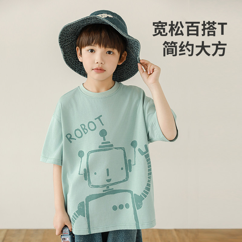 oddtails男童短袖T恤纯棉儿童夏季上衣2025新款男孩机器人印花t恤图片