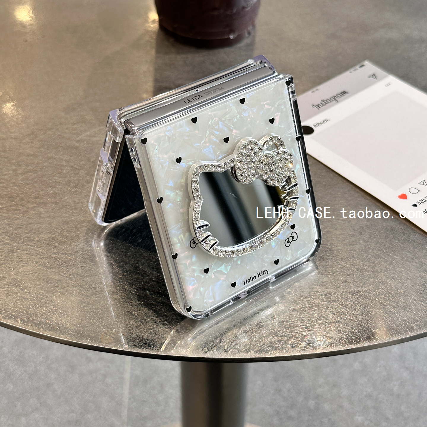 闪钻KT补妆镜适用小米mixflip2手机壳新款华为puraX黑爱心贝壳纹pocket2个性三星zflip6/7荣耀magicv女款