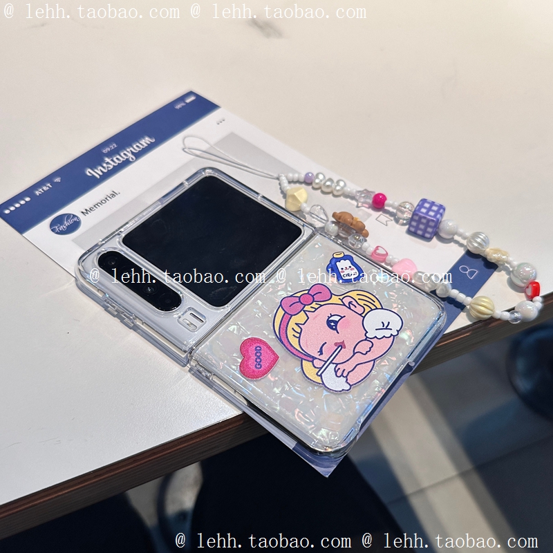 卡通牛奶妹适用华为puraX手机壳小米mixflip镭射炫彩pocket2彩色贝壳纹荣耀magicvflip三星zflip6手提挂链女