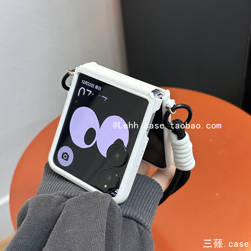 皮质全包粉色手提适用小米mixflip2手机壳阔折叠华为puraX挂绳pocket2白novaflip三星zflip5/6外壳findn3flip