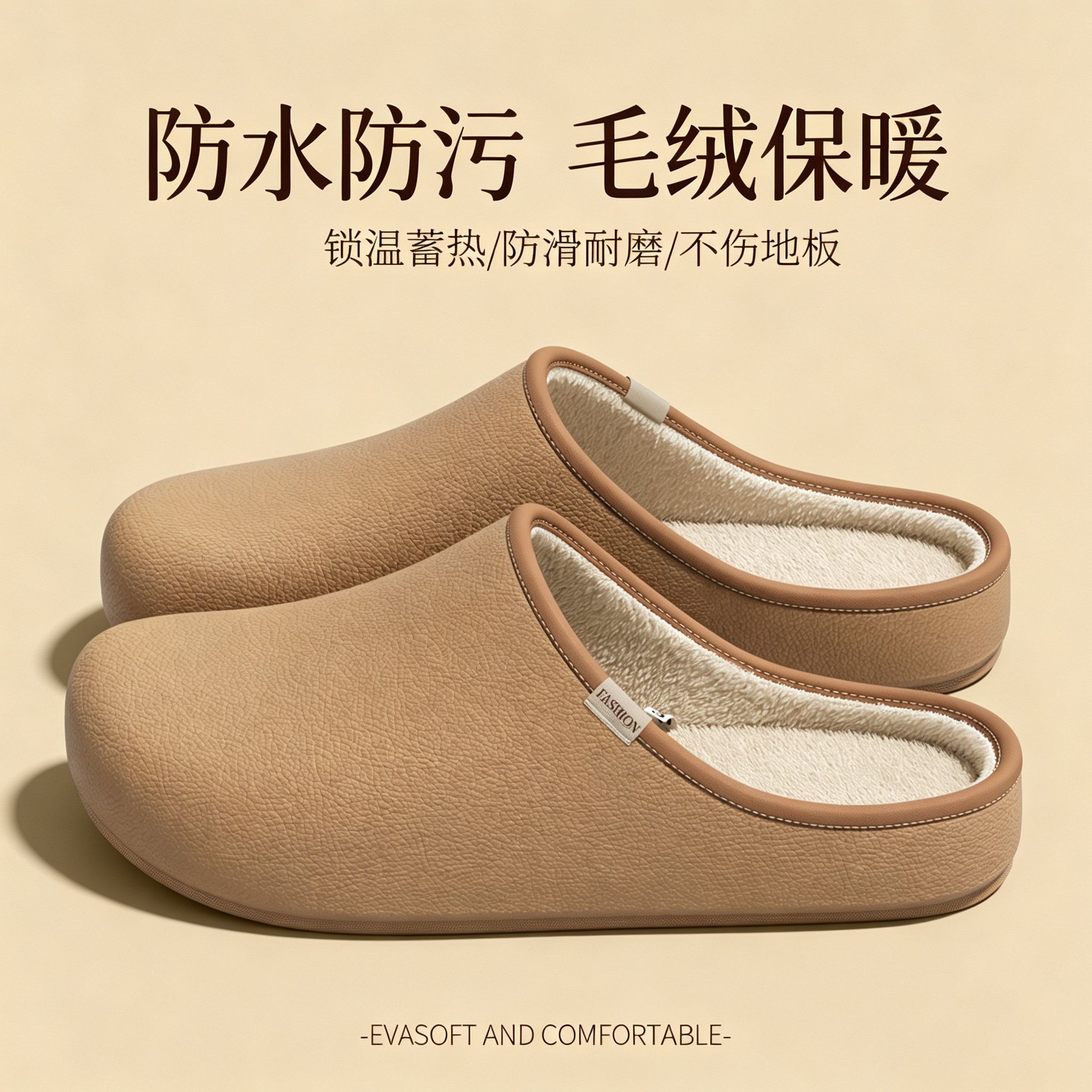 防水皮面棉拖鞋男秋冬季居家室内静音防滑厚底保暖家用可外穿女士