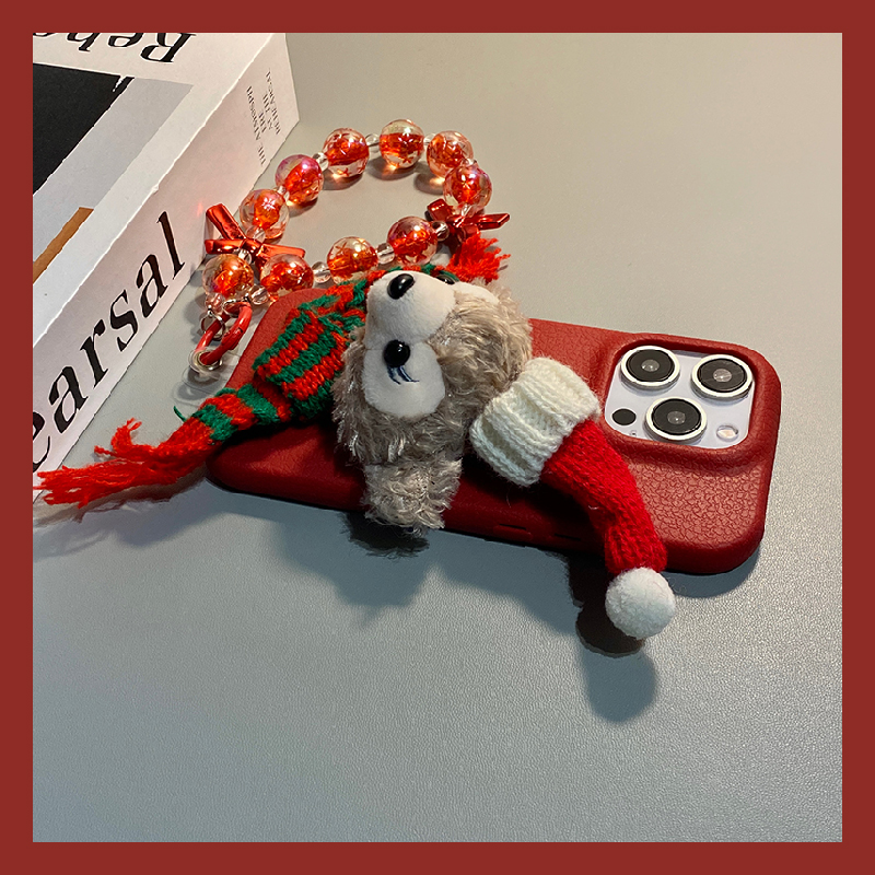 手机壳仿皮皮纹红色卡通圣诞围巾达菲熊手链