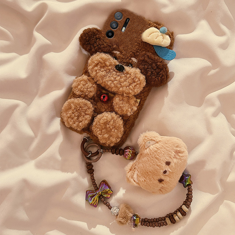 适用oppoa97手机壳a3pro棕色小狗a96毛茸茸a1毛绒绒a93s冬季a55立体a57/a56秋冬a72趣味a58x卡通a6女a2x/oppo