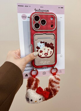 卡通小熊kt猫卡包适用opporeno14手机壳reno13红色reon12凯蒂猫11手腕带a58x挂绳a57镜面真我q5i仿皮v23/oppo