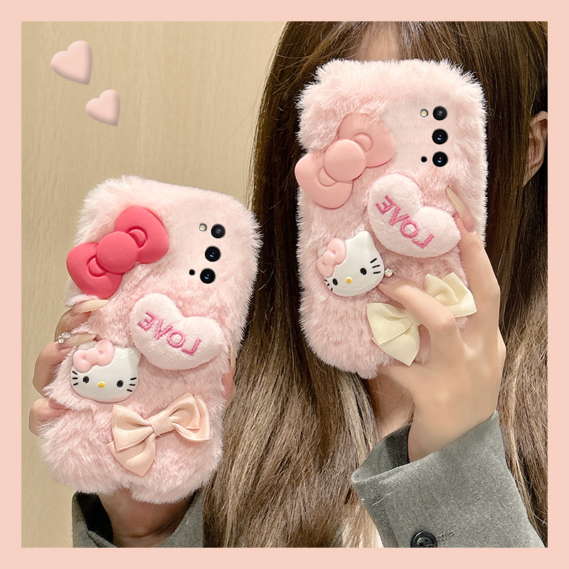手机壳秋冬毛绒立体可爱卡通爱心蝴蝶结KT猫