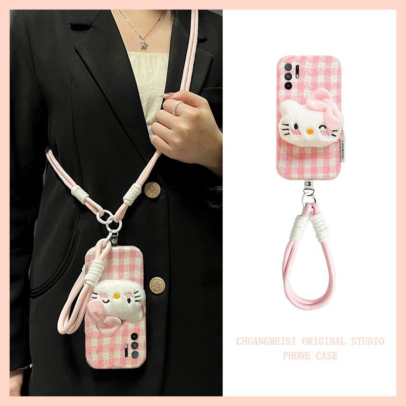 适用oppoa97手机壳a3pro格子kt猫a96可斜挎a1毛绒绒a93s绒布a55挂绳a57/a56秋冬a72可爱a58x冬季a6女a2x/oppo