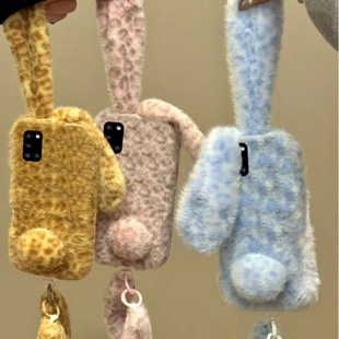 豹纹兔子耳朵适用三星a53手机壳f52秋冬a8s毛茸茸a71手腕带a51毛绒a31a20a30卡通a90a80a60立体a50s毛毛a70s