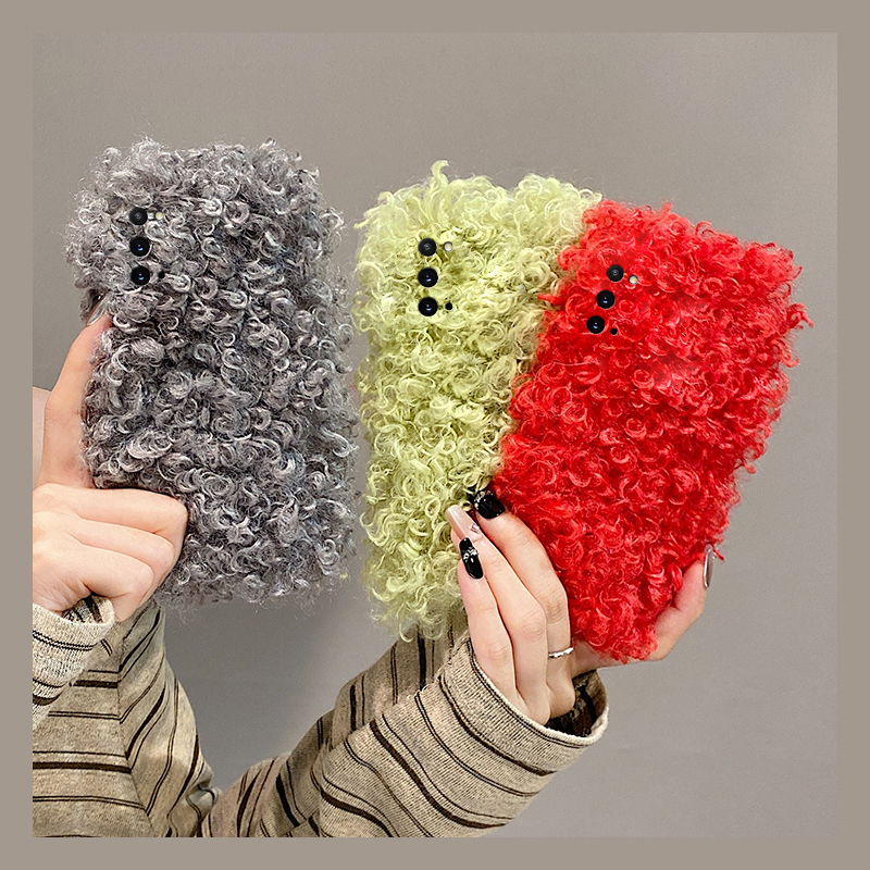 手机壳秋冬毛绒简约纯色红色卷毛