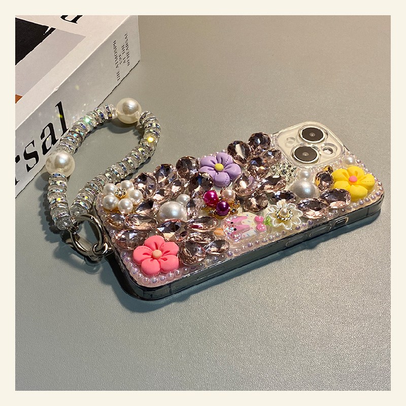 手机壳硅胶满屏珍珠宝石花朵手链